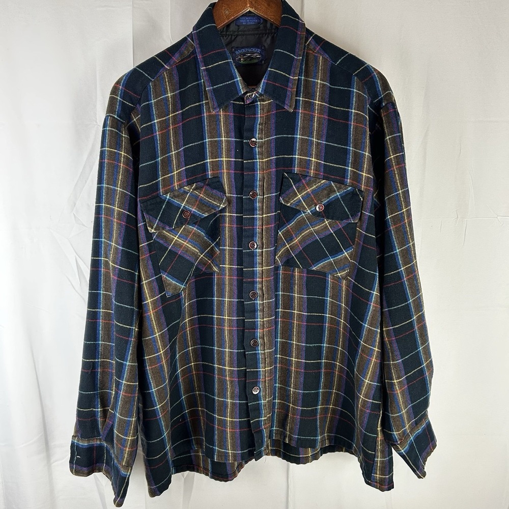 Vintage Backpacker Flannel Plaid‎ Button Up Shirt Multi Men's Size XL 1980's